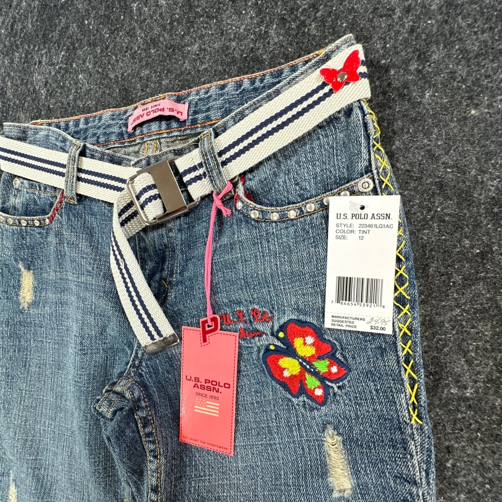 U.S. Polo Assn Jeans Girls 12 Blue Ramie Cotton Y2K Butterfly Embroidered Belted - Picture 13 of 16